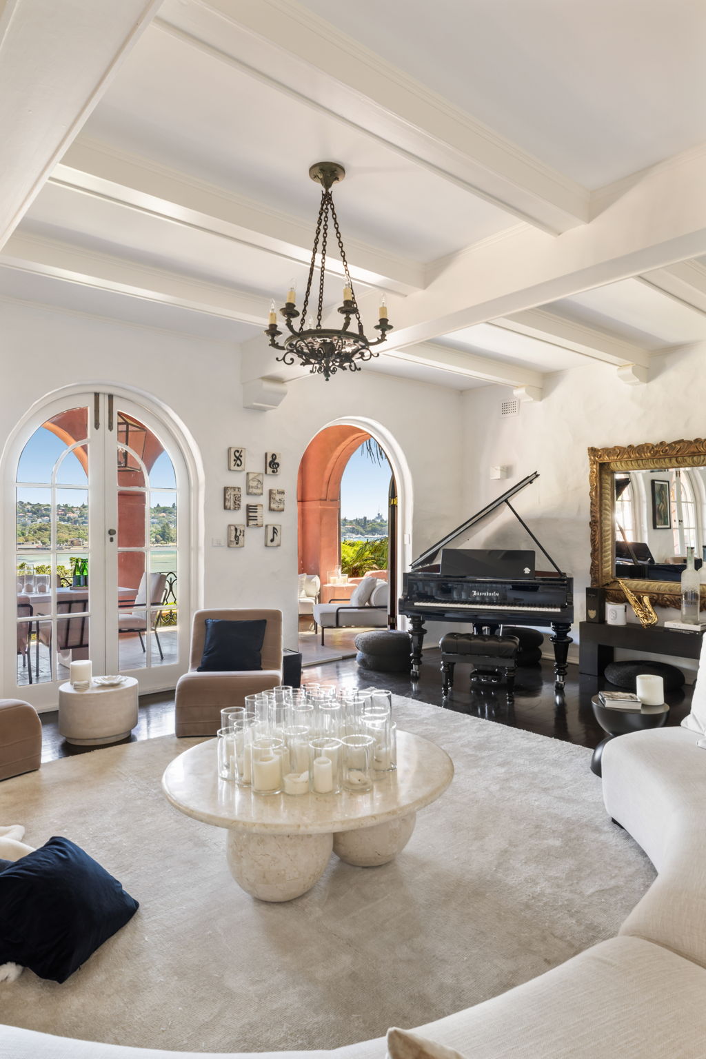 Villa Biscaya grand piano and elegant living room